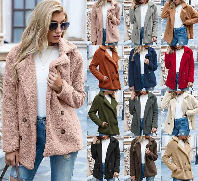 Buy Women's Teddy Bear Coat Jacket Winter Warm Fur Lapel Long Sleeve Outdoor Outwear • 20.23£
