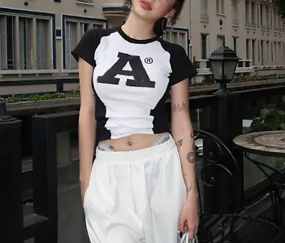 Buy Y2k Cyber Gothic T-shirts Fashion Raglan Sleeve Ribbed Color Match Sexy Crop Top • 14.93£