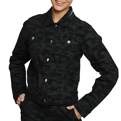 Buy New Ladies Camo Print Denim Black Jacket Womens Regular Fit Casual Size 6 - 16 • 32.99£