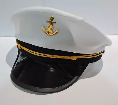 Buy White Navy Officer Captain Hat Gold Anchor Black Peak Fancy Dress Party Cosplay • 6.99£