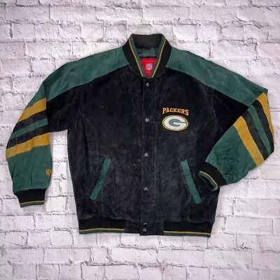 Buy Vintage NFL Green Bay Packers Black Green Yellow Suede Leather Varsity Jacket • 70£