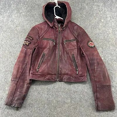 Buy Affliction Jacket Womens XL Red Leather Lambskin Moto Limited Hooded Dark Horse • 96.12£