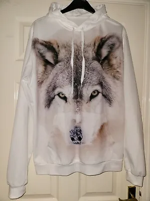 Buy Lovely Wolf Print Over Sized Hoodie White Animal Hooded Top UK 16 Excellent Con • 7.99£
