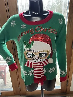 Buy Love Always Cat “Meowy Christmas” Sequin Green Sweater Size Medium Crew Neck • 17.10£