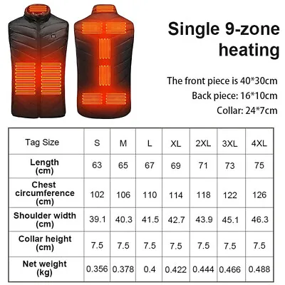 Buy Men USB Electric Heated Vest Jacket 9 Zone Warm Up Heating Pad Cloth Body Warmer • 17.85£