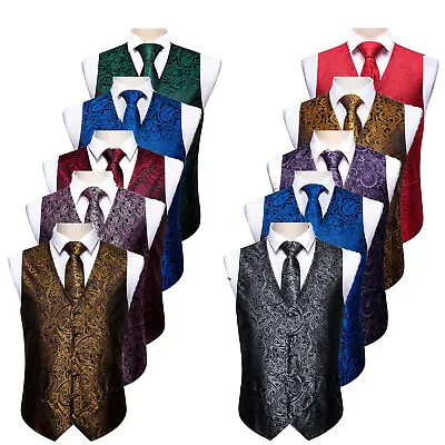 Buy Formal Casual Mens Waistcoat Navy Blue Floral Silk Vest Tie Set Jacket Suit Tops • 16.99£