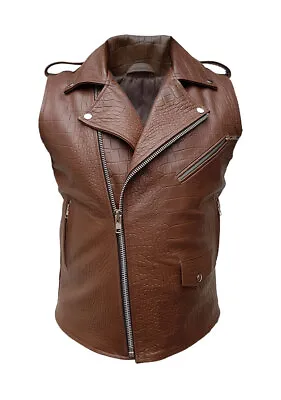 Buy Mens Sleeveless Brando Style Biker Vest Alligator/Crocodile Leather Brown Jacket • 64.99£