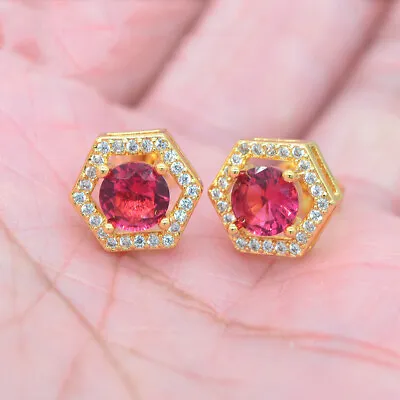 Buy 18K Yellow Gold Filled Rose Red Topaz Women Hexagon Stud Earrings Jewelry • 5.99£