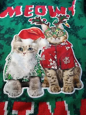 Buy Ladies 2x Cat  Christmas Sweater Meowy Cat Mas Red Green Novelty Office Party • 16.10£
