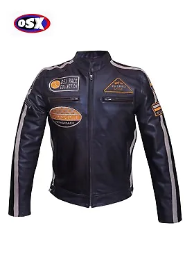 Buy Men's Cowhide Leather Jacket Super-Soft Band Collar Patch Fashion Biker Jacket • 139.99£