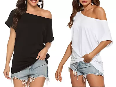 Buy Womens Plain Slash Neck Oversized Baggy Top Ladies Off Shoulder Bardot T Shirt • 5.99£