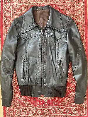 Buy Vintage 70 Leather Bomber Jacket S 36 38 Black Brown Skinny Indie Rock Retro Mod • 90£