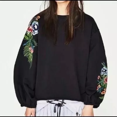 Buy ZARA Trafuluc Black Balloon Sleeve Embroidered Crop Lightweight Sweatshirt Small • 18.92£