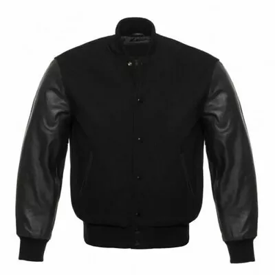 Buy New Letterman Solid Black Wool Varsity Jacket With Real Cowhide Leather Sleeves • 79.99£