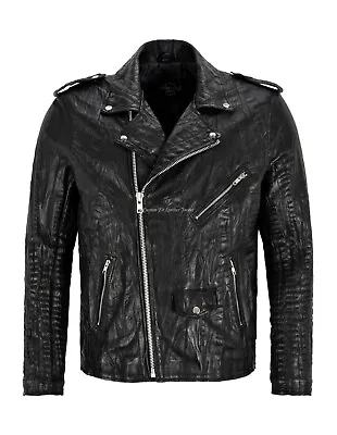 Buy Men's Brando Jacket Black Croc Print Lamb Leather Classic Biker SR-MBF • 139.71£