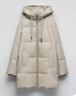 Buy Zara Fw21 Ecru Faux Leather Hooded Puffer Coat With Zipped Pockets Size S • 15£