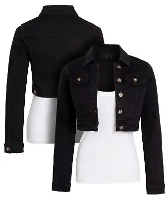Buy Womens Size 14 12 10 8 6 Stretch Fitted Denim Jacket Jean Crop Jackets Black • 24.95£