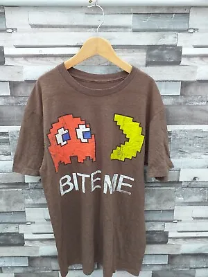 Buy Mens Brown 90's Novelty Pac-man Graphic Bite Me Cotton Polyester Tshirt Top Uk M • 6.99£