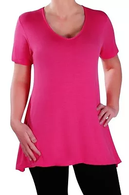 Buy Womens Plain V Neck Plus Size Short Sleeve Casual Flared Swing Blouse Tunic Top • 11.95£