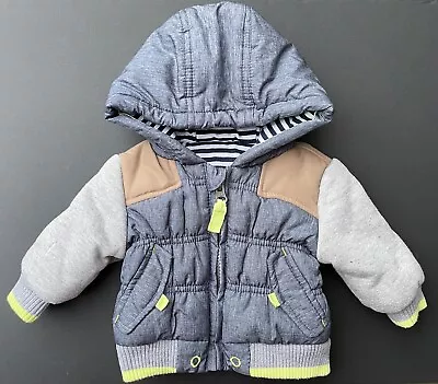Buy Denim, Grey & Lime Hooded Baby Boys Puffer Jacket Multicoloured Casual Padded • 4.95£