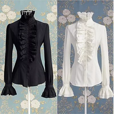 Buy Punk Womens Gothic Top Black White  Long Sleeve Steampunk Victorian Shirt • 15.88£