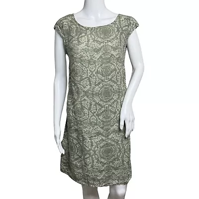 Buy Lina Tomei Dress Women Medium Green Cream Geometric 100% Linen Shift Casual Work • 22.60£