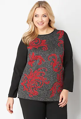 Buy Christopher & Banks Sweater Womens Medium Black Red Silver Scroll Print Metallic • 5.61£