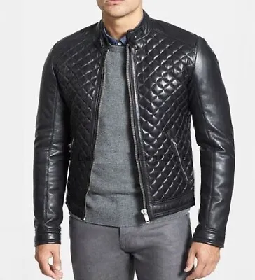 Buy Mens Fashion Genuine Cowhide Leather Jacket Bomber Quilted Real Biker Style • 85£