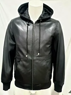 Buy Men's Black Classic Hooded Baseball Bomber Style Real Napa Leather Jacket Coat • 110£