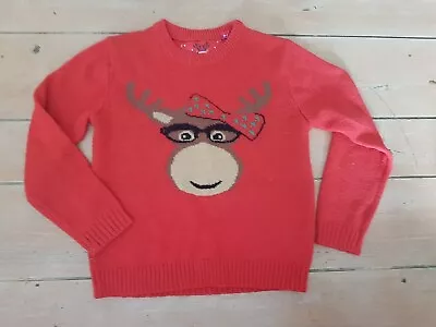 Buy  GIRLS RED KNIT RUDOLPH REINDEER CHRISTMAS JUMPER DAY 7 8 Yr  GLASSES GEEKY BOW  • 3£