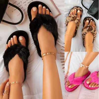 Buy Womens Slip On Flat Ladies Indoor Warm Cross Over Open Toe Slippers Sliders Size • 7.99£