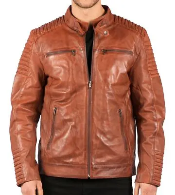 Buy Mens Slim Fit Tan Brown Washed Vintage Real Leather Jacket Zipped Casual • 120.99£