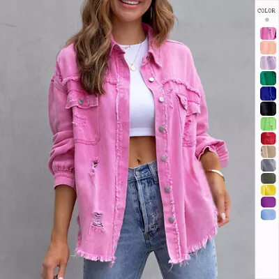 Buy Fashionable Ripped Shirt Jacket Female Autumn & Spring Womens Clothing Casual To • 19.99£