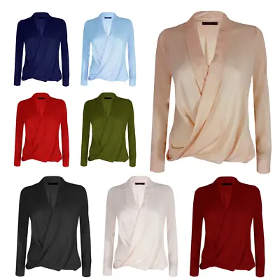 Buy Women's Satin Blouse Sexy Wrap Loose Long Sleeve Ladies Party OL T Shirt Tops UK • 8.74£