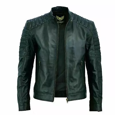Buy Mens Genuine Slim Fit Custom Leather Biker Jacket Vintage Retro Black Cafe Racer • 99.99£
