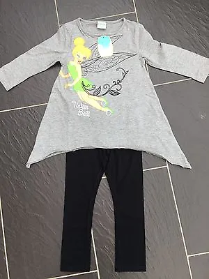 Buy Disney Tinkerbell Fairies Outfit Grey Tunic Top T-shirt Black Leggings 4-5 Years • 9.99£
