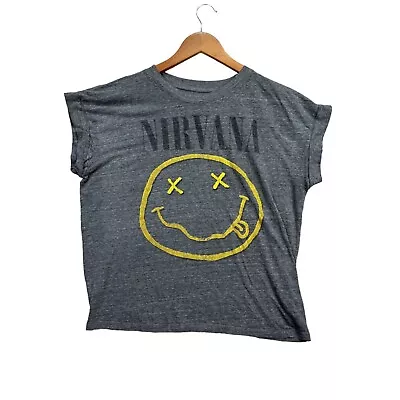 Buy Nirvana Women's Grunge 90s Smiley Face Graphic Band Kurt T-Shirt Gray Cut Sz L • 15.10£