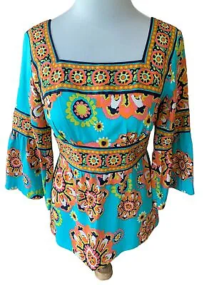 Buy Trina Turk Ladies Designer Top Tunic Blouse Peplum Sleeve Silk Colorful Euc 4 • 76.19£