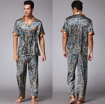 Buy SILKY Pyjamas Set Navy Blue Camel Satin • 24.55£