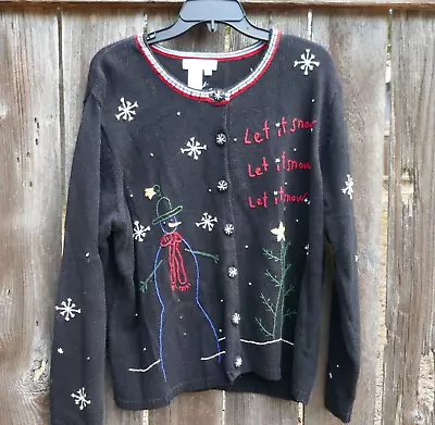 Buy Black Let It Snow Ugly Christmas Sweater Cardigan Coldwater Creek 1X • 24.12£