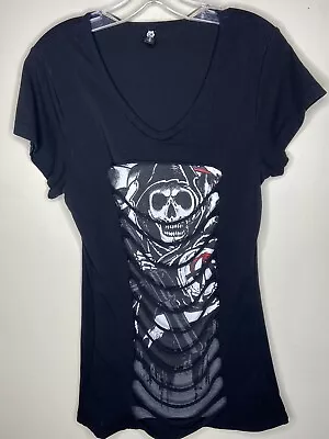 Buy Sons Of Anarchy Women's XL TShirt Long Black Cutout Grim Reaper Motorcycle Skull • 9.96£