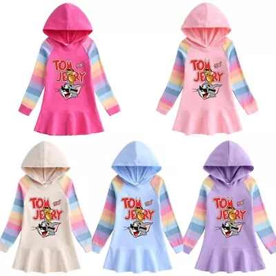 Buy Girls Tom And Jerry Cartoon Rainbow Hoodies Dress Princess Skirt Party Fancy UK • 8.79£