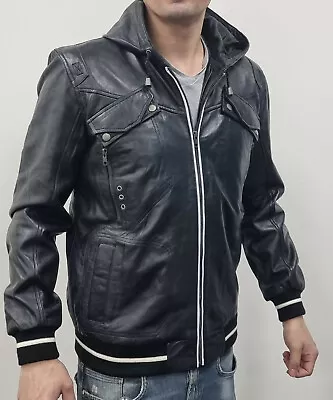 Buy Men's Vintage Black Retro Hooded Leather Bomber Jacket • 53.99£