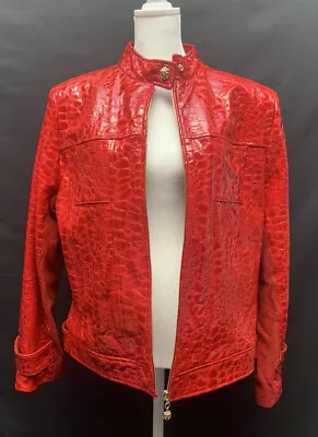 Buy ST. JOHN Collection RED Crocodile PATTERN LEATHER JACKET SILK LINING SIZE 14 • 635.41£