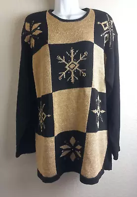Buy Leslie Fay Sportswear Christmas Sweater Black Gold Metallic Beads Pullover Sz XL • 14.21£