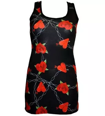 Buy Ladies New Heart Rose Barbed Wire Print Long Vest Top Summer Dress Goth Punk Emo • 19.99£