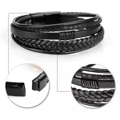 Buy Men's Leather Bracelet Black Wristband Stainless Steel Clasp Jewellery Gift New • 5.84£