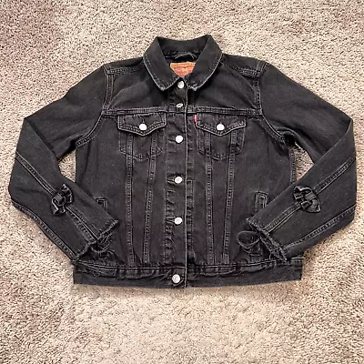 Buy Levis Jacket Womens Large Black Denim Button Up Tie Frayed Cuffs Trucker Biker • 28.60£