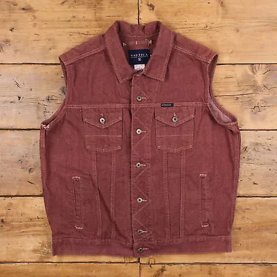 Buy Vintage Nautica Denim Jacket XL Oversized Vest Medium Wash Trucker Jean Red • 37.99£