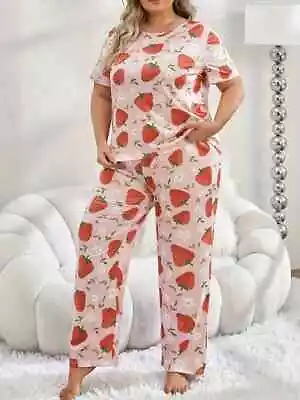 Buy Pyjama Set Plus 20 22 24 26 28 Pink Strawberry Stretch Loungewear Lightweight • 10.99£